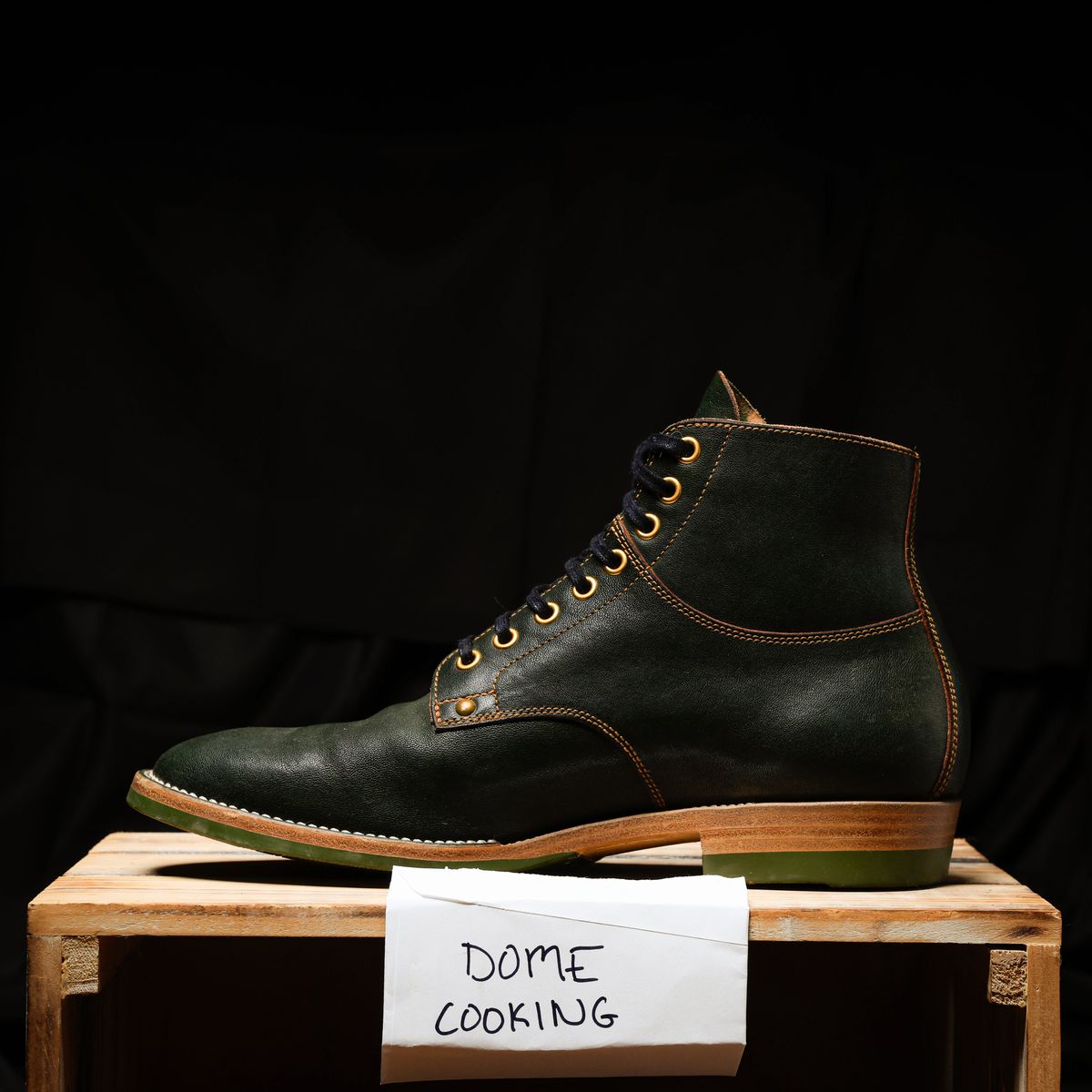 Photo by ScuffedUpKicks on November 6, 2025 of the Iron Boots x Østmo Type 1 in Maryam Dark Green Hand-Dyed Horsehide.