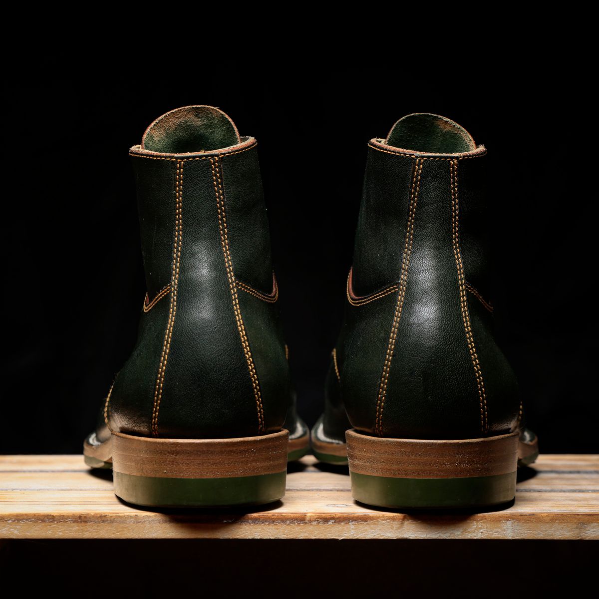 Photo by ScuffedUpKicks on December 6, 2025 of the Iron Boots x Østmo Type 1 in Maryam Dark Green Hand-Dyed Horsehide.