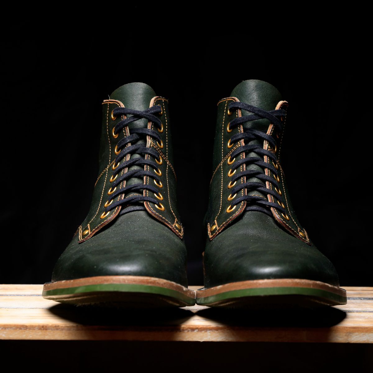 Photo by ScuffedUpKicks on December 6, 2025 of the Iron Boots x Østmo Type 1 in Maryam Dark Green Hand-Dyed Horsehide.