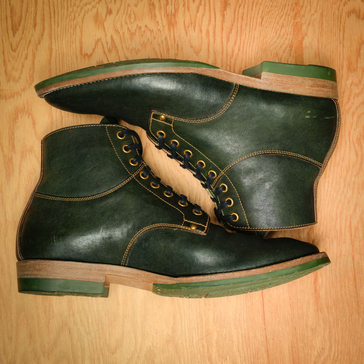 Photo by ScuffedUpKicks on March 6, 2026 of the Iron Boots x Østmo Type 1 in Maryam Dark Green Hand-Dyed Horsehide.