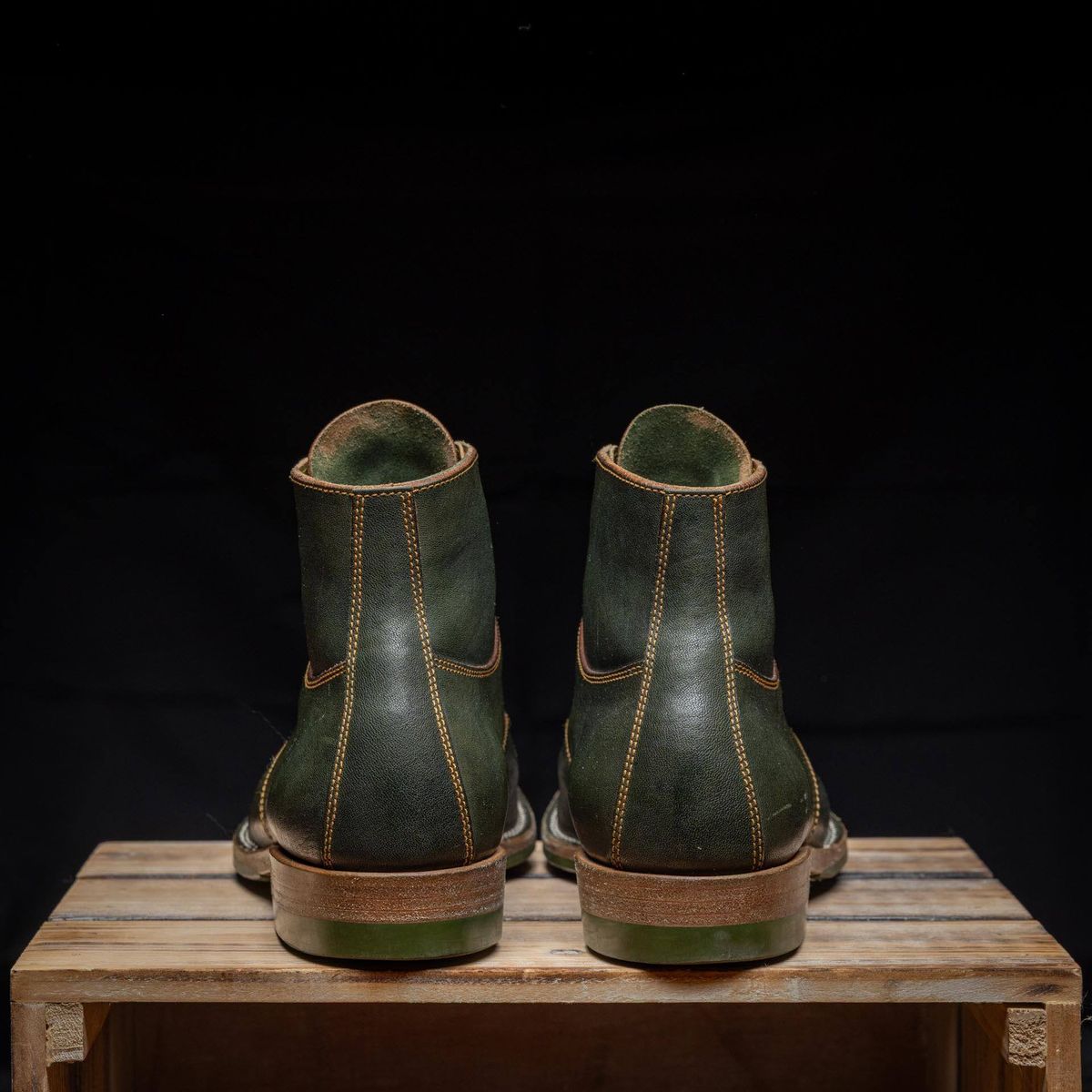 Photo by ScuffedUpKicks on April 5, 2026 of the Iron Boots x Østmo Type 1 in Maryam Dark Green Hand-Dyed Horsehide.