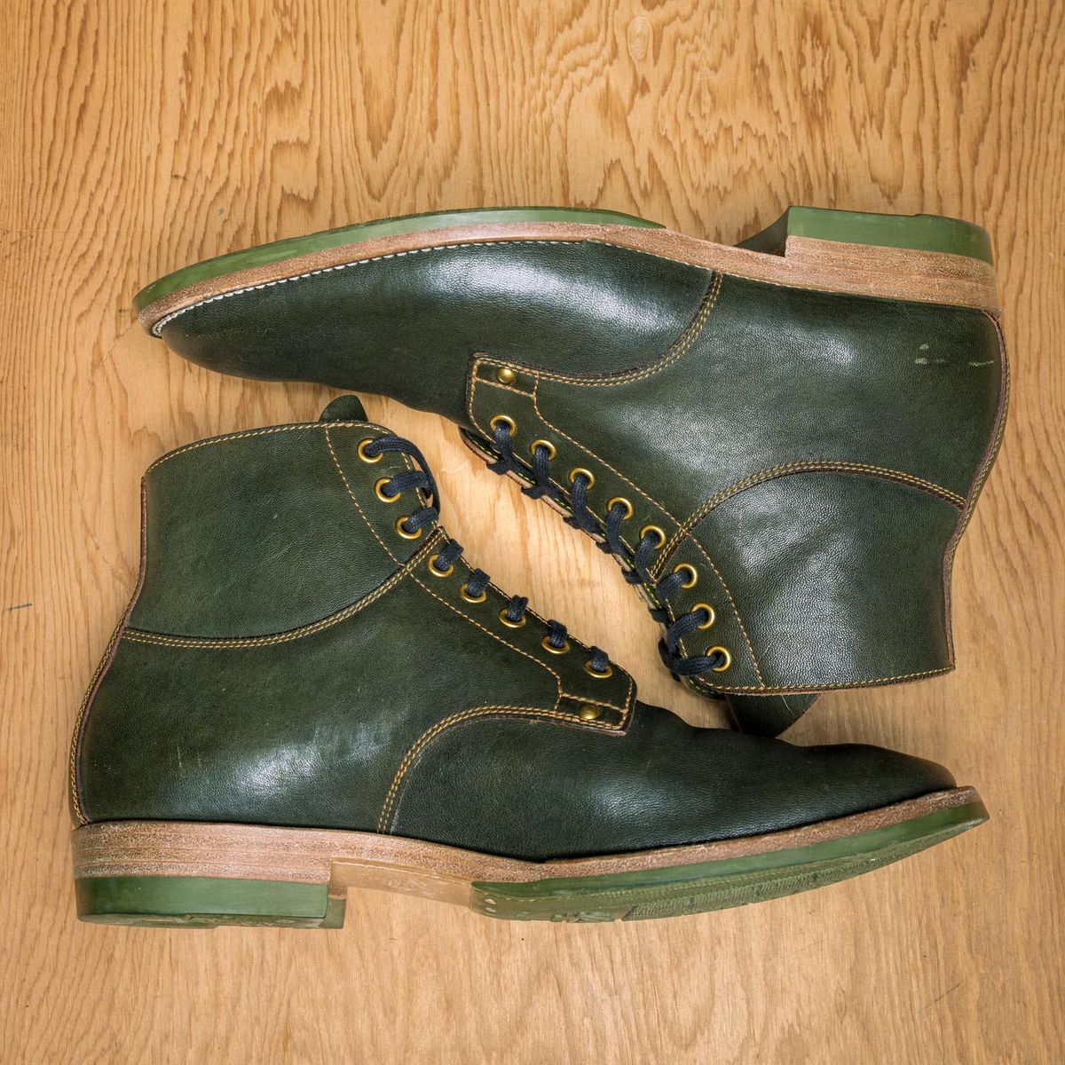 Photo by ScuffedUpKicks on April 5, 2026 of the Iron Boots x Østmo Type 1 in Maryam Dark Green Hand-Dyed Horsehide.