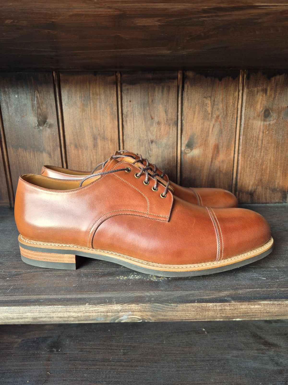 Photo by Natty on November 2, 2025 of the Carmina Custom Cap Toe Derby 80444 in Horween Natural Shell Cordovan.