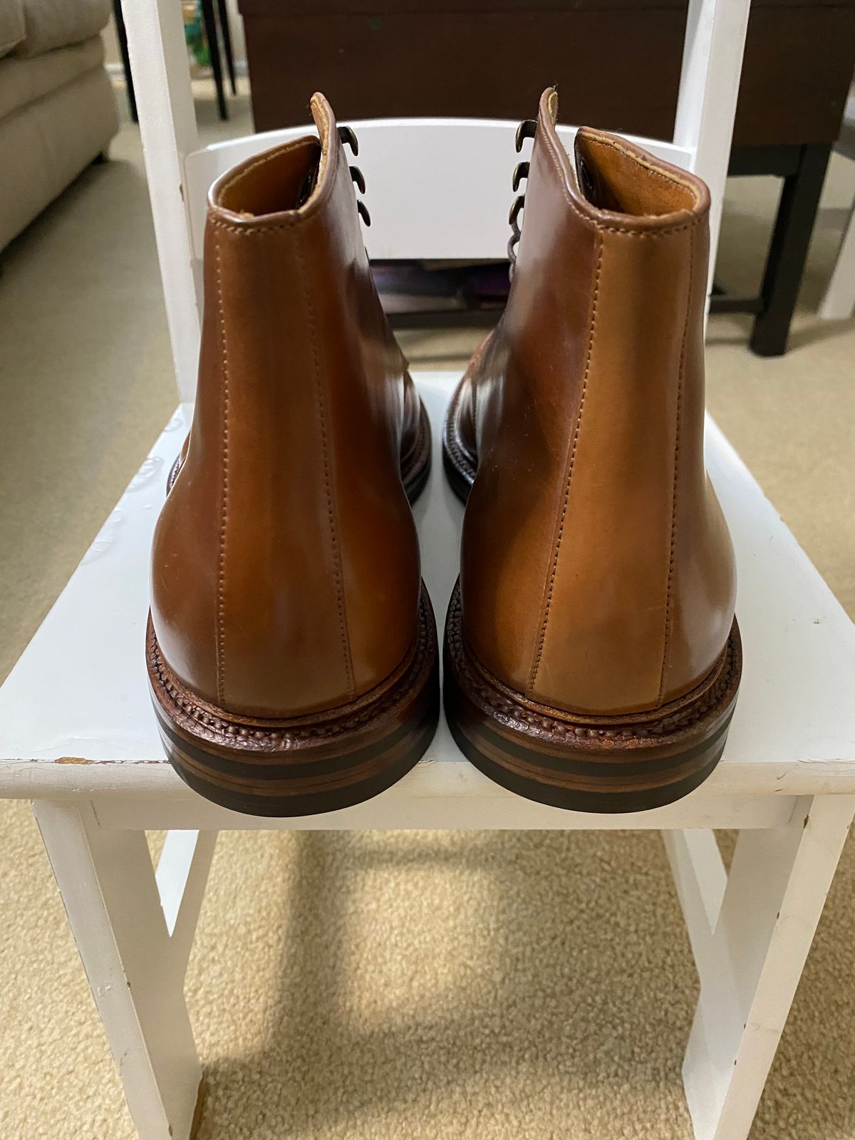 Photo by ZacharyQian on October 2, 2024 of the Grant Stone Edward Boot in Horween Unglazed Natural Shell Cordovan.