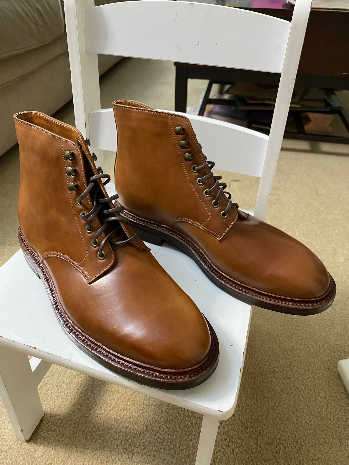 Photo by ZacharyQian on October 2, 2024 of the Grant Stone Edward Boot in Horween Unglazed Natural Shell Cordovan.