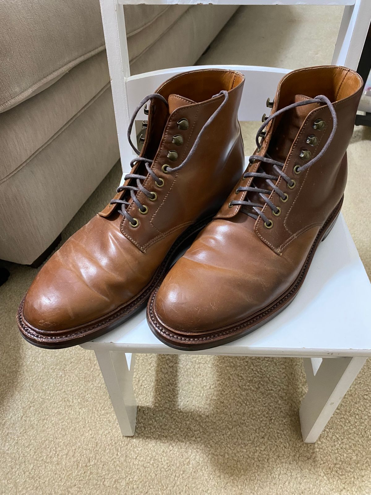 Photo by ZacharyQian on December 5, 2024 of the Grant Stone Edward Boot in Horween Unglazed Natural Shell Cordovan.