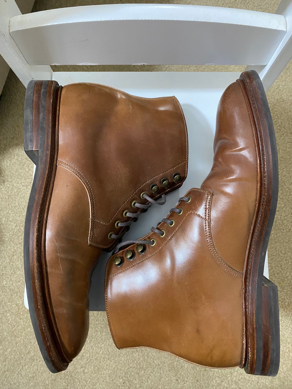 Photo by ZacharyQian on December 5, 2024 of the Grant Stone Edward Boot in Horween Unglazed Natural Shell Cordovan.