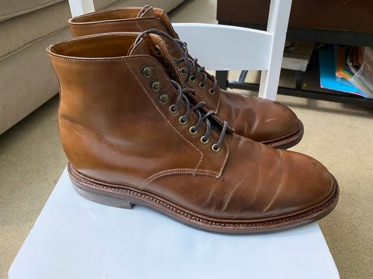 Photo by ZacharyQian on January 5, 2025 of the Grant Stone Edward Boot in Horween Unglazed Natural Shell Cordovan.