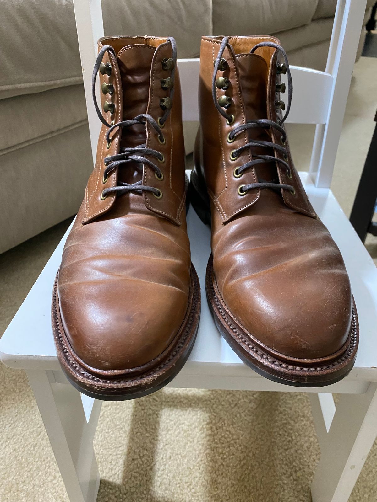 Photo by ZacharyQian on March 6, 2025 of the Grant Stone Edward Boot in Horween Unglazed Natural Shell Cordovan.