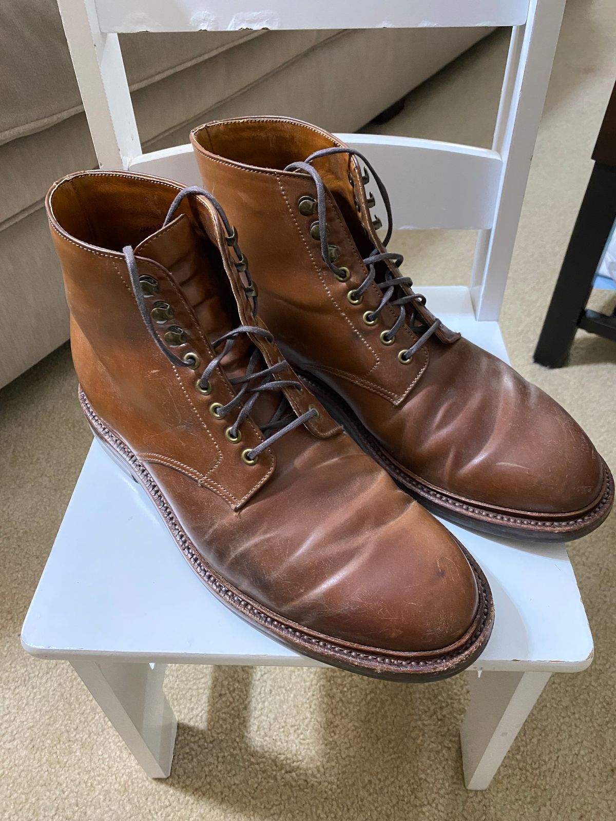 Photo by ZacharyQian on March 6, 2025 of the Grant Stone Edward Boot in Horween Unglazed Natural Shell Cordovan.