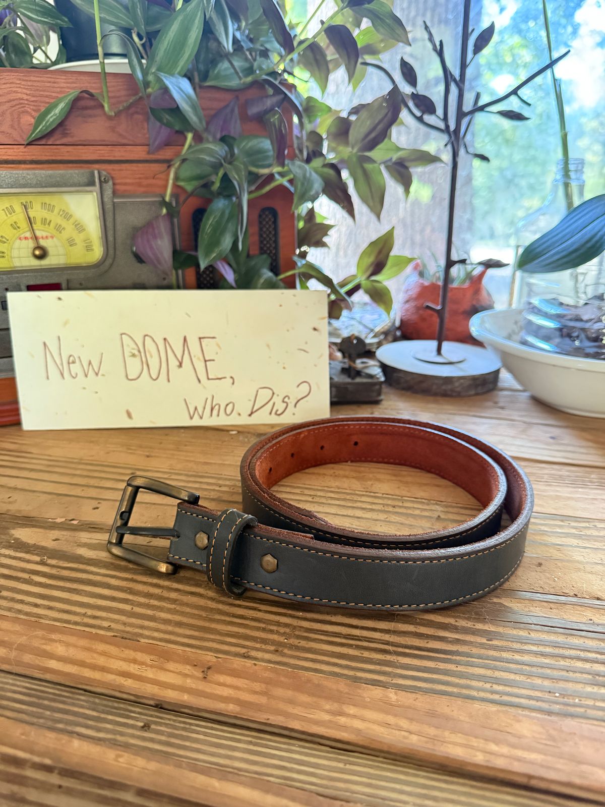 Photo by DinkyDog on October 3, 2025 of the Fields Outfitting Green Belt in Olive Argentinian Vegtable Tanned Leather.