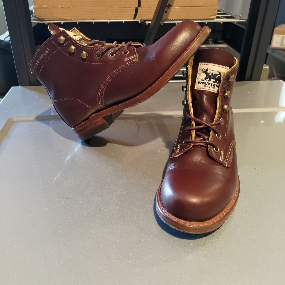 Photo by 3ringCircu5 on May 21, 2024 of the Wolverine 1000 Mile Plain-Toe Boot in Horween Tan/Cordovan (Color) Chromexcel.