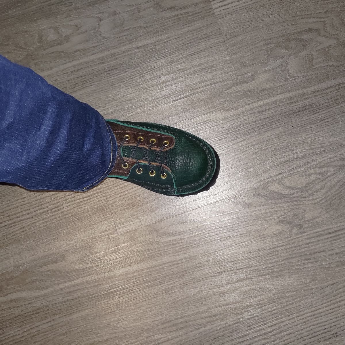 Photo by 3ringCircu5 on October 17, 2025 of the JK Boots Custom Model in Jurassic Bison & Horween Brown Waxed Flesh.