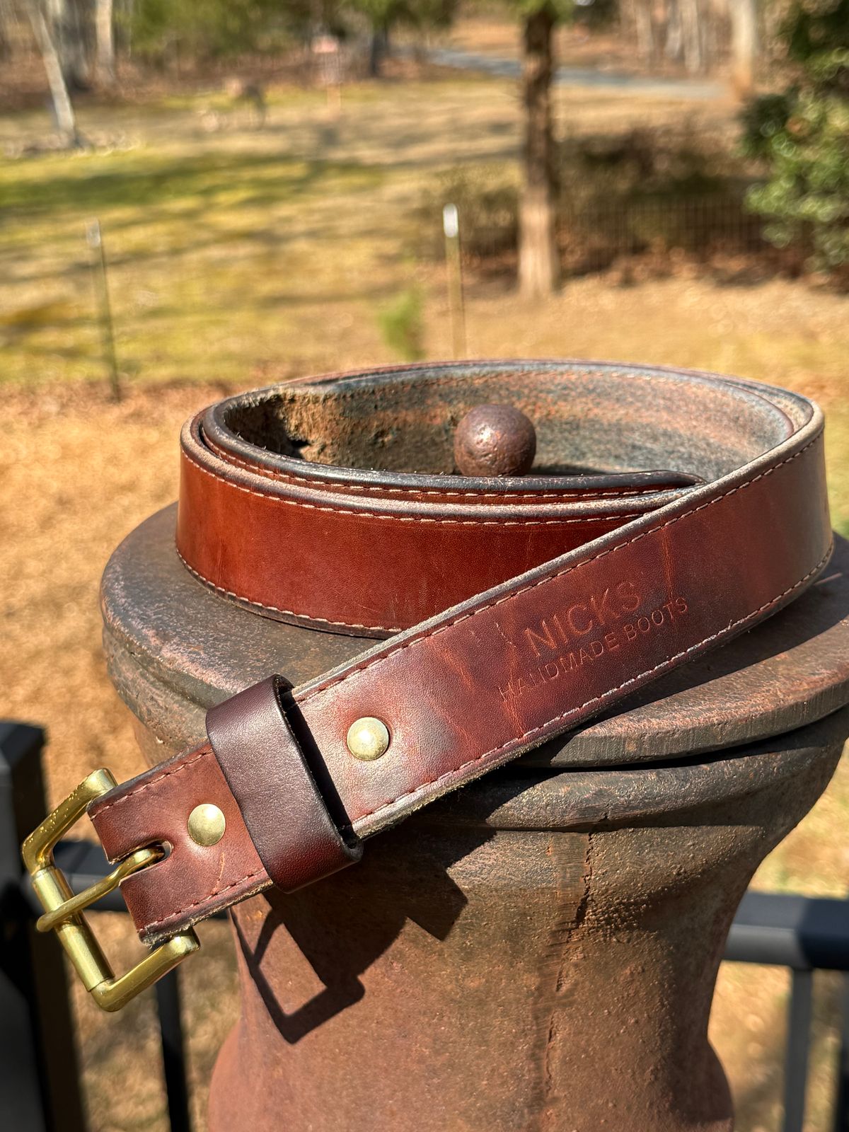 Photo by Odyssey.Rider on March 1, 2026 of the Nicks Heritage Belt in Wickett & Craig Buck Brown Double Stuffed.