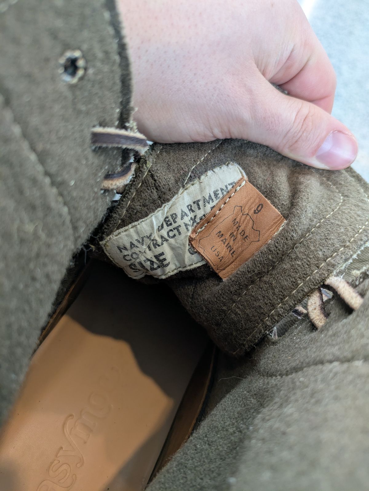 Photo by Seatpost on March 19, 2026 of the Easymoc Rangeley in Seidel Adirondack Grizzly & U.S. Navy Deck Overall Whipcord.