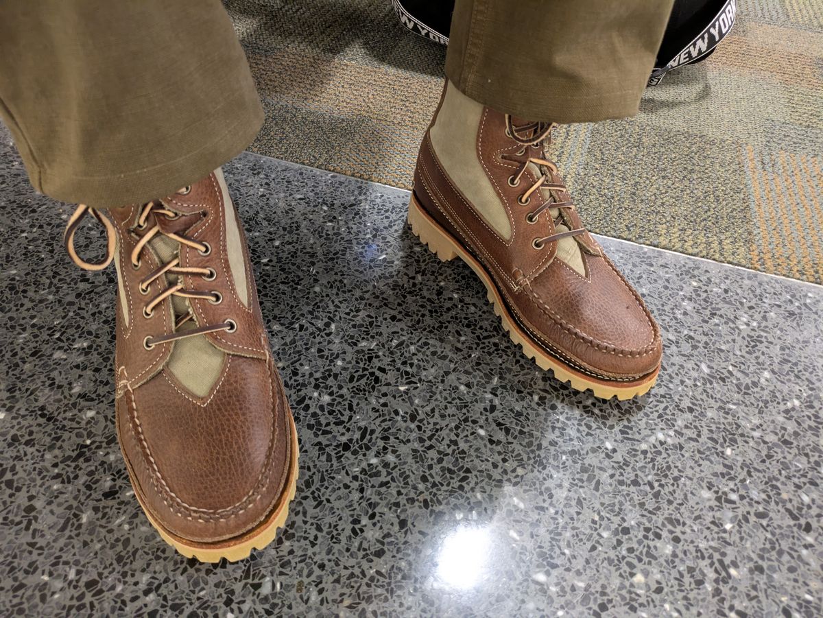 Photo by Seatpost on March 19, 2026 of the Easymoc Rangeley in Seidel Adirondack Grizzly & U.S. Navy Deck Overall Whipcord.