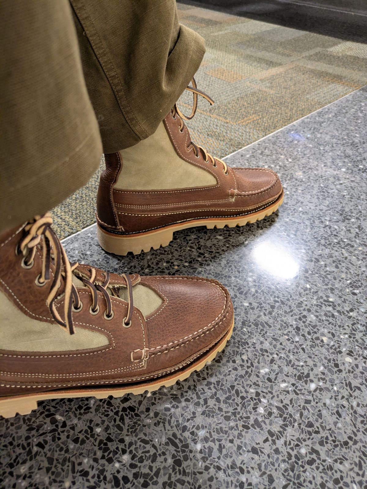 Photo by Seatpost on March 19, 2026 of the Easymoc Rangeley in Seidel Adirondack Grizzly & U.S. Navy Deck Overall Whipcord.