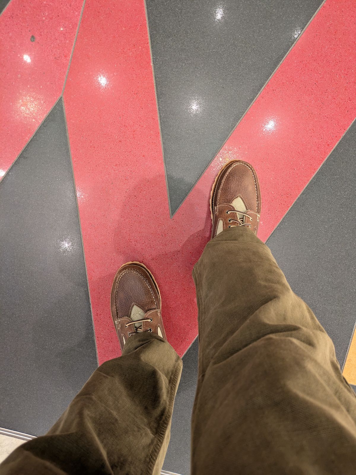 Photo by Seatpost on March 19, 2026 of the Easymoc Rangeley in Seidel Adirondack Grizzly & U.S. Navy Deck Overall Whipcord.