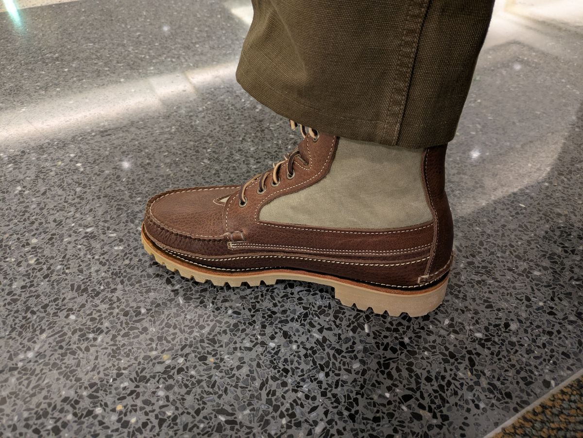 Photo by Seatpost on March 19, 2026 of the Easymoc Rangeley in Seidel Adirondack Grizzly & U.S. Navy Deck Overall Whipcord.