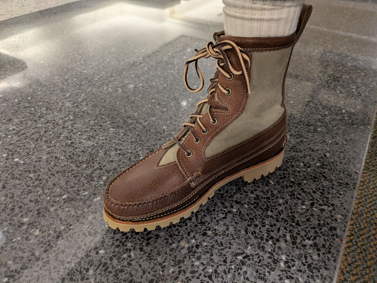 Photo by Seatpost on March 19, 2026 of the Easymoc Rangeley in Seidel Adirondack Grizzly & U.S. Navy Deck Overall Whipcord.