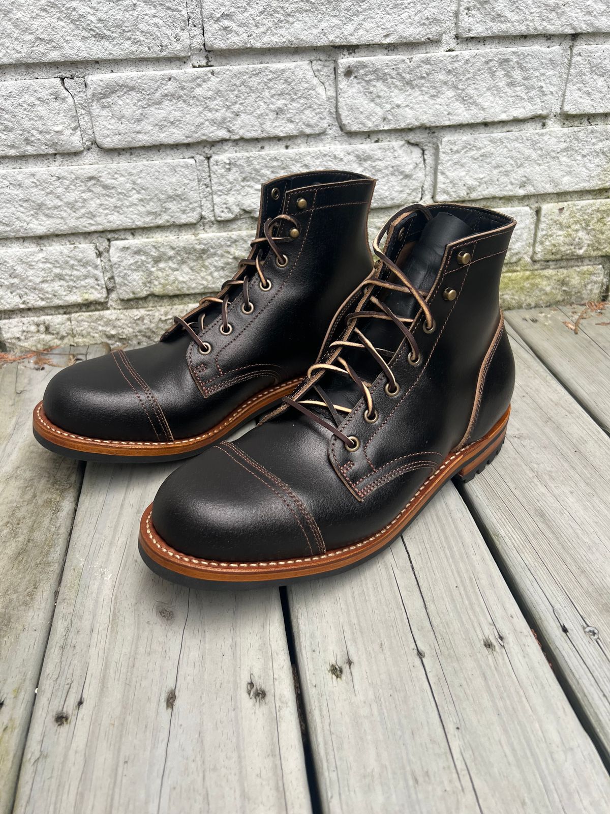 Photo by JBravo on June 10, 2024 of the Truman Cap Toe Boot in Horween Black Waxed Flesh.