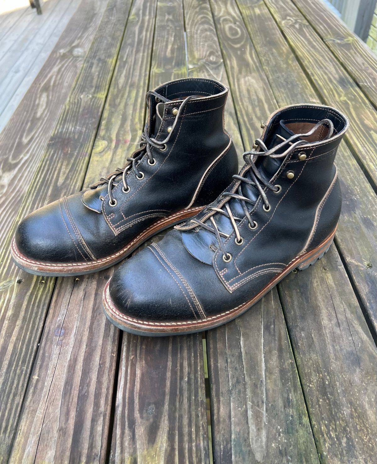 Photo by JBravo on June 21, 2024 of the Truman Cap Toe Boot in Horween Black Waxed Flesh.