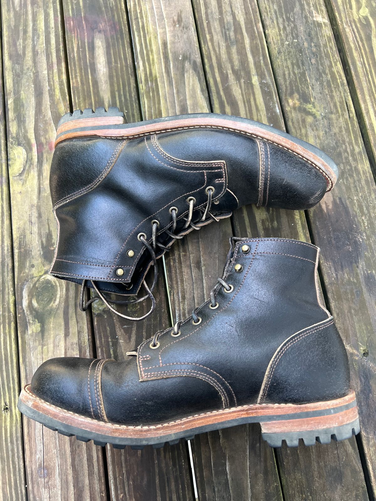 Photo by JBravo on June 21, 2024 of the Truman Cap Toe Boot in Horween Black Waxed Flesh.