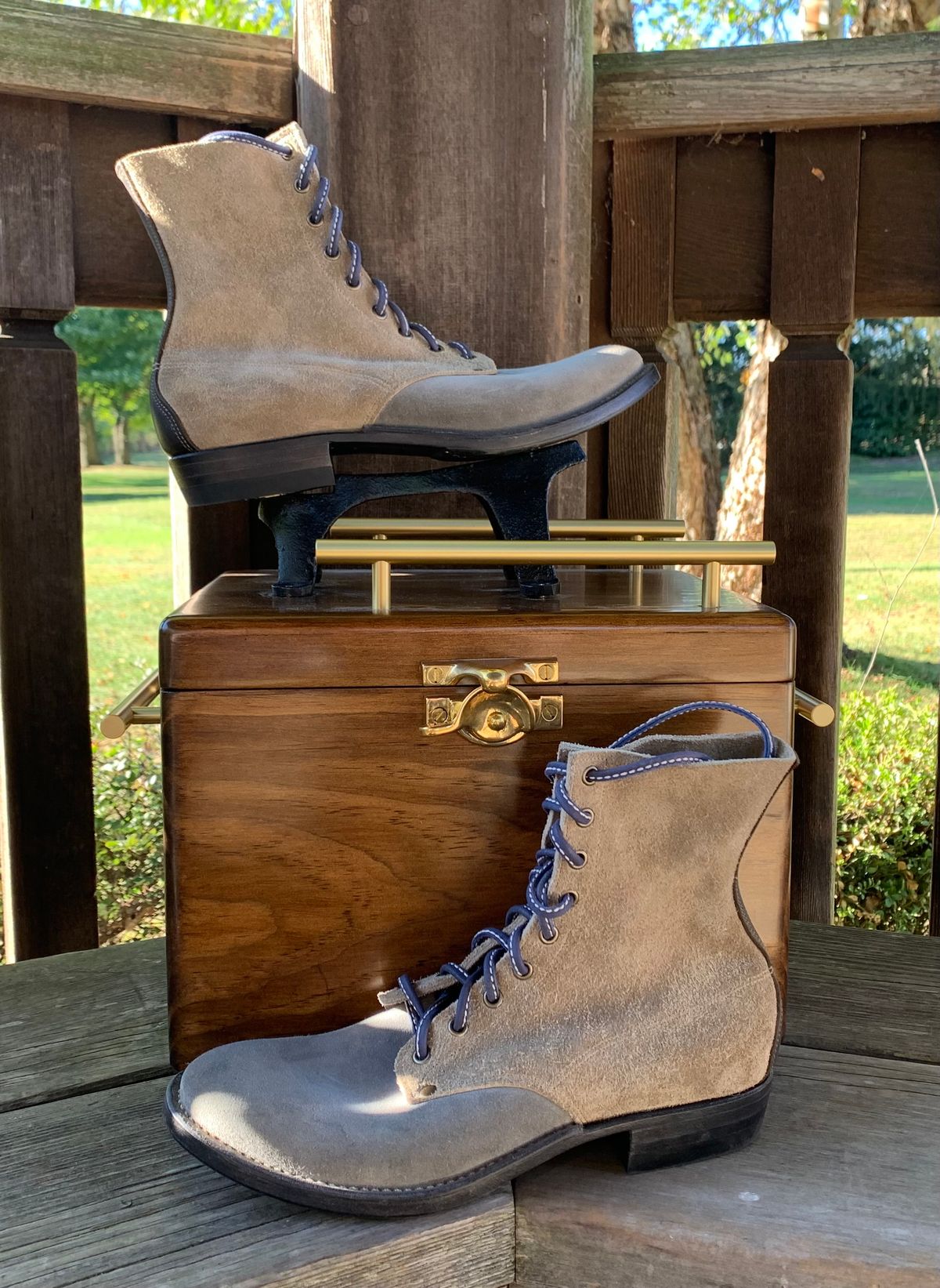 Photo by Emily on October 1, 2025 of the NF Bootmaker Belmont Boot in C.F. Stead Milkshake Desert Oasis Suede & C.F. Stead Flint Kudu & Horween Washed Black Chromexcel & C.F. Stead Storm Suede.
