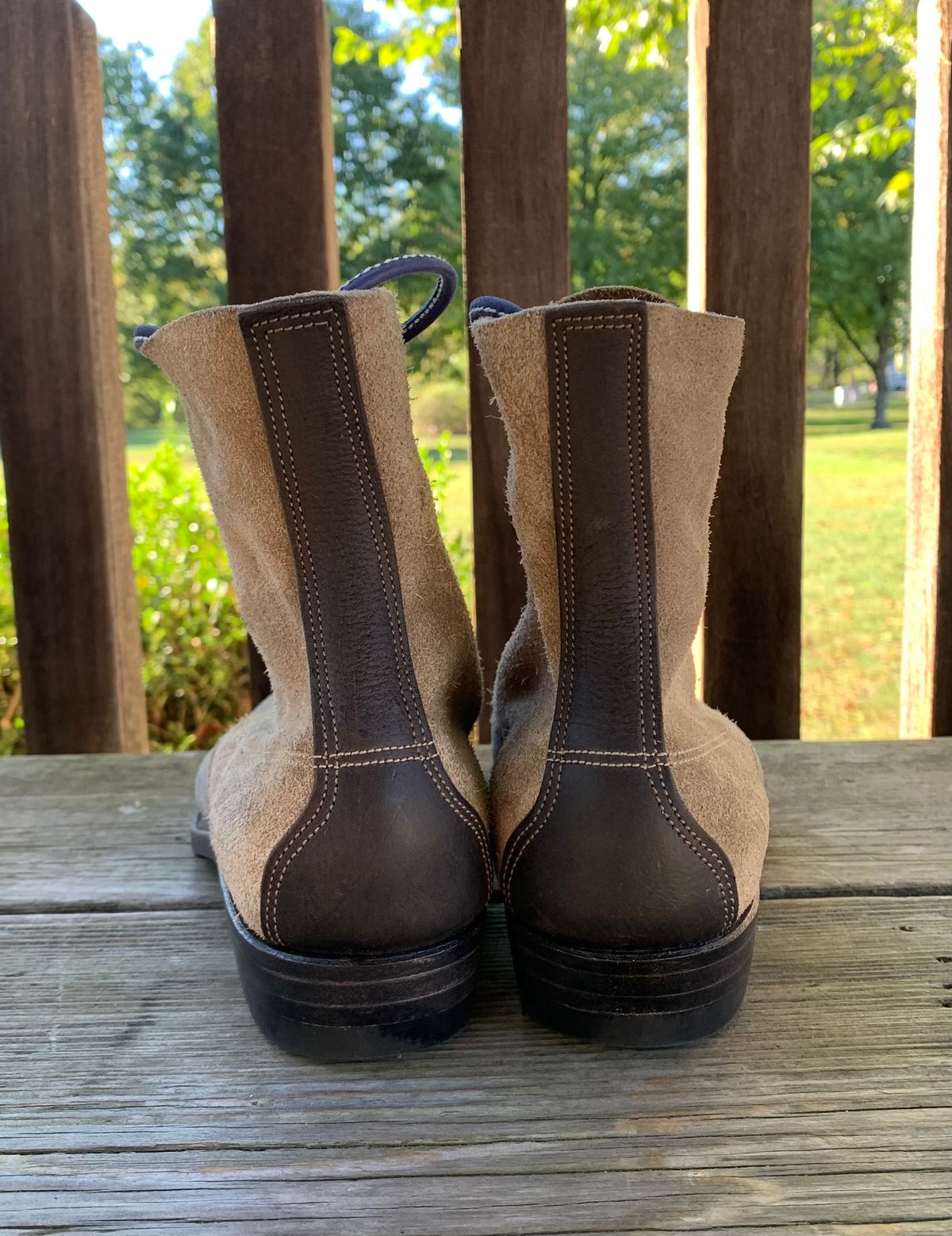 Photo by Emily on October 1, 2025 of the NF Bootmaker Belmont Boot in C.F. Stead Milkshake Desert Oasis Suede & C.F. Stead Flint Kudu & Horween Washed Black Chromexcel & C.F. Stead Storm Suede.