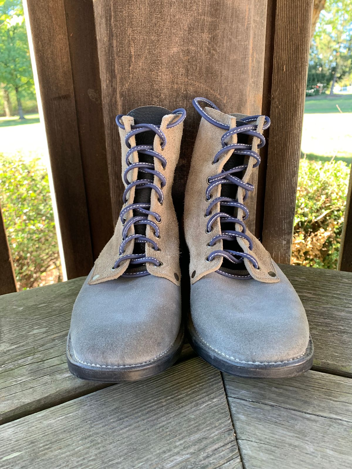 Photo by Emily on October 1, 2025 of the NF Bootmaker Belmont Boot in C.F. Stead Milkshake Desert Oasis Suede & C.F. Stead Flint Kudu & Horween Washed Black Chromexcel & C.F. Stead Storm Suede.