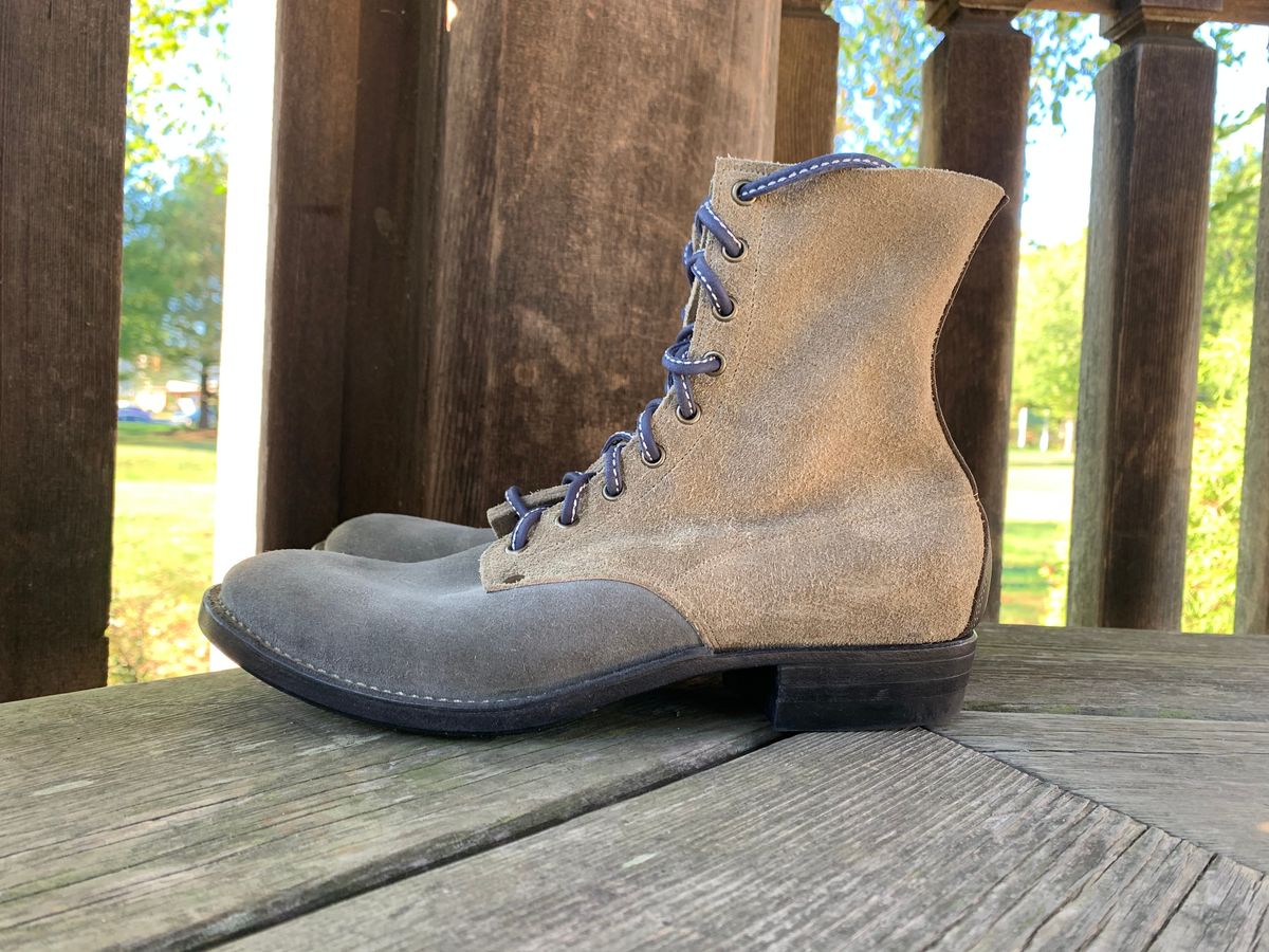 Photo by Emily on October 1, 2025 of the NF Bootmaker Belmont Boot in C.F. Stead Milkshake Desert Oasis Suede & C.F. Stead Flint Kudu & Horween Washed Black Chromexcel & C.F. Stead Storm Suede.