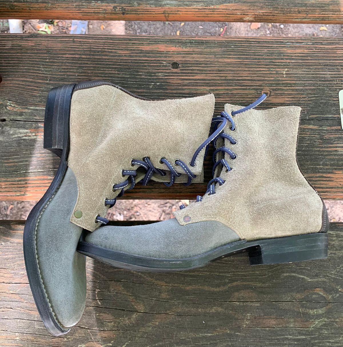 Photo by Emily on September 30, 2025 of the NF Bootmaker Belmont Boot in C.F. Stead Milkshake Desert Oasis Suede & C.F. Stead Flint Kudu & Horween Washed Black Chromexcel & C.F. Stead Storm Suede.