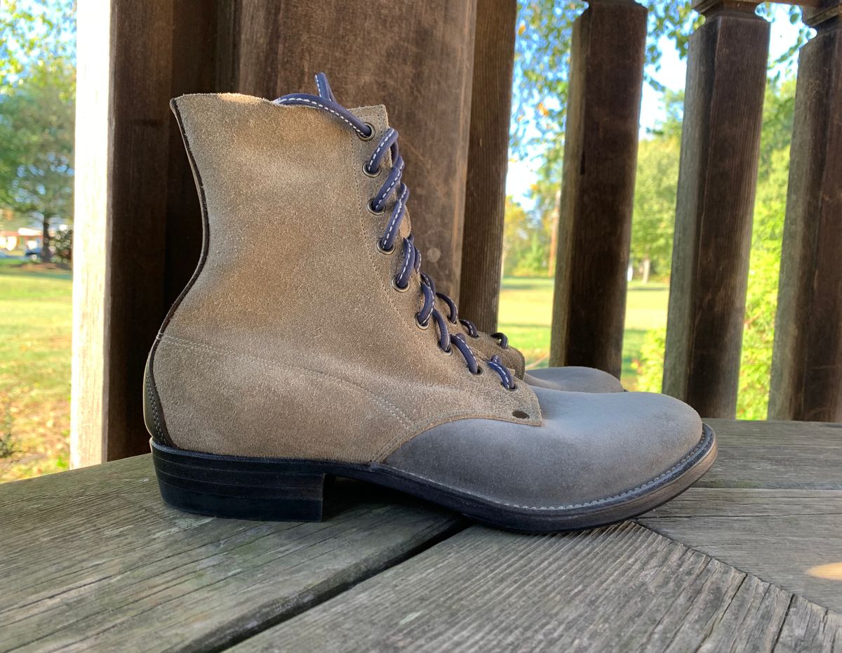 Photo by Emily on October 1, 2025 of the NF Bootmaker Belmont Boot in C.F. Stead Milkshake Desert Oasis Suede & C.F. Stead Flint Kudu & Horween Washed Black Chromexcel & C.F. Stead Storm Suede.