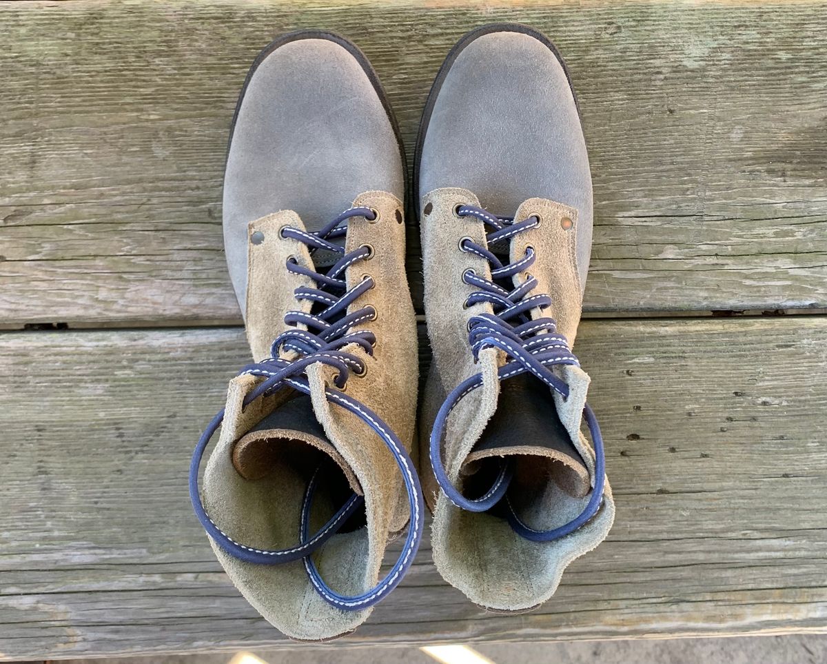 Photo by Emily on October 1, 2025 of the NF Bootmaker Belmont Boot in C.F. Stead Milkshake Desert Oasis Suede & C.F. Stead Flint Kudu & Horween Washed Black Chromexcel & C.F. Stead Storm Suede.