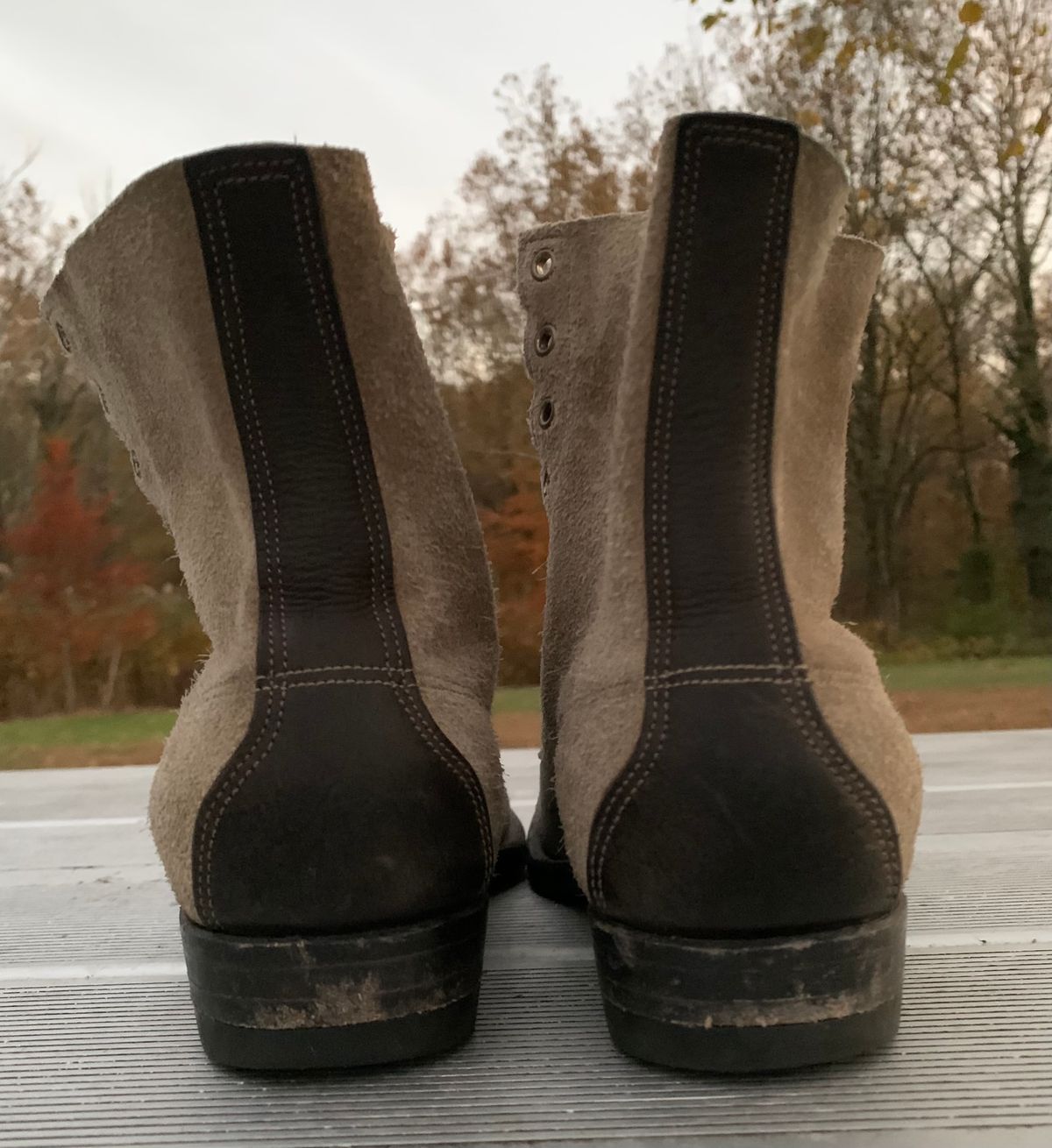 Photo by Emily on November 5, 2025 of the NF Bootmaker Belmont Boot in C.F. Stead Milkshake Desert Oasis Suede & C.F. Stead Flint Kudu & Horween Washed Black Chromexcel & C.F. Stead Storm Suede.