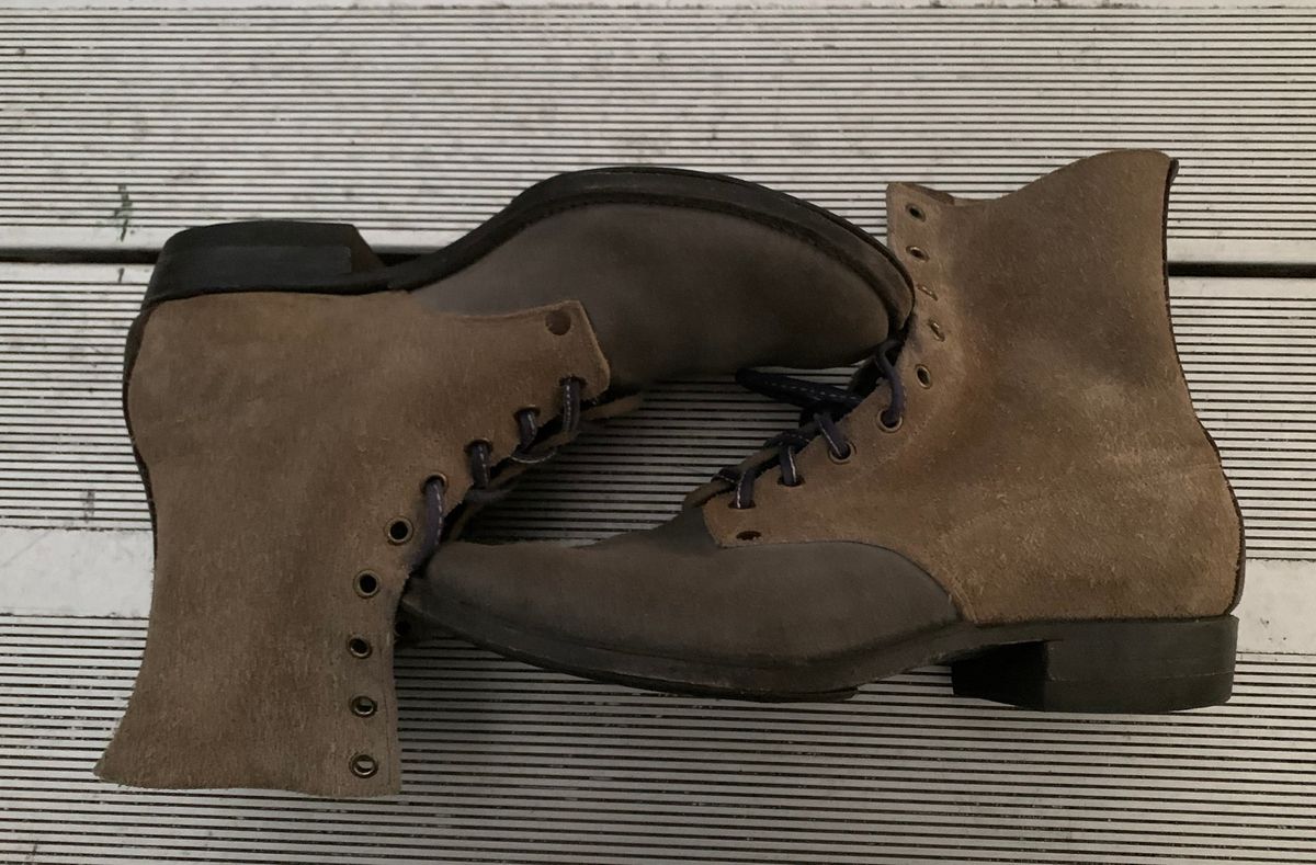 Photo by Emily on November 5, 2025 of the NF Bootmaker Belmont Boot in C.F. Stead Milkshake Desert Oasis Suede & C.F. Stead Flint Kudu & Horween Washed Black Chromexcel & C.F. Stead Storm Suede.