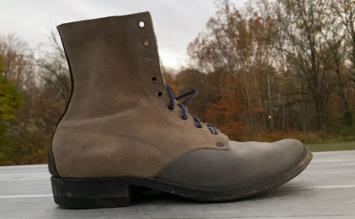 Photo by Emily on November 5, 2025 of the NF Bootmaker Belmont Boot in C.F. Stead Milkshake Desert Oasis Suede & C.F. Stead Flint Kudu & Horween Washed Black Chromexcel & C.F. Stead Storm Suede.