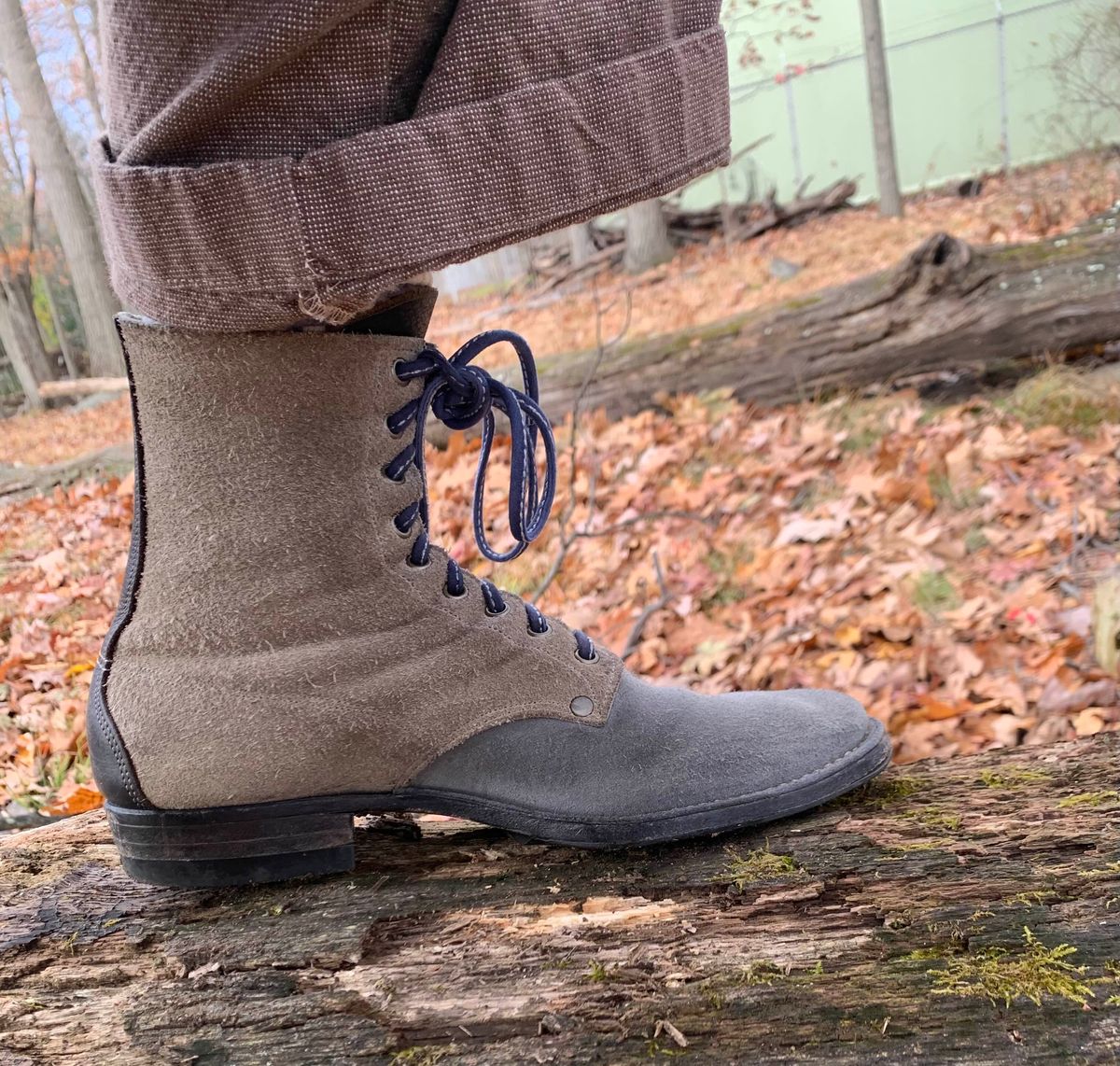 Photo by Emily on December 3, 2025 of the NF Bootmaker Belmont Boot in C.F. Stead Milkshake Desert Oasis Suede & C.F. Stead Flint Kudu & Horween Washed Black Chromexcel & C.F. Stead Storm Suede.