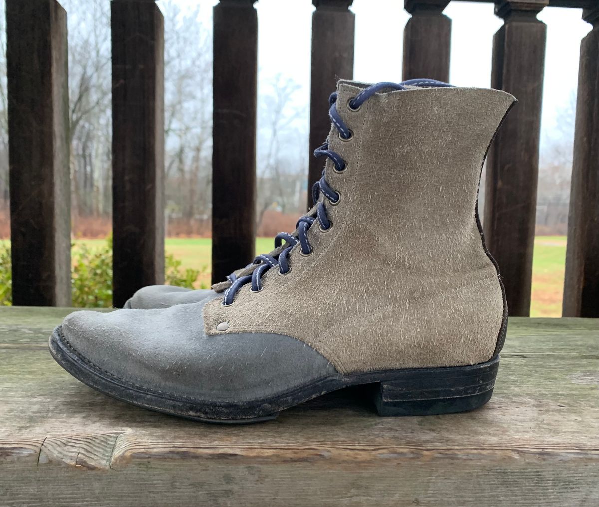 Photo by Emily on December 2, 2025 of the NF Bootmaker Belmont Boot in C.F. Stead Milkshake Desert Oasis Suede & C.F. Stead Flint Kudu & Horween Washed Black Chromexcel & C.F. Stead Storm Suede.