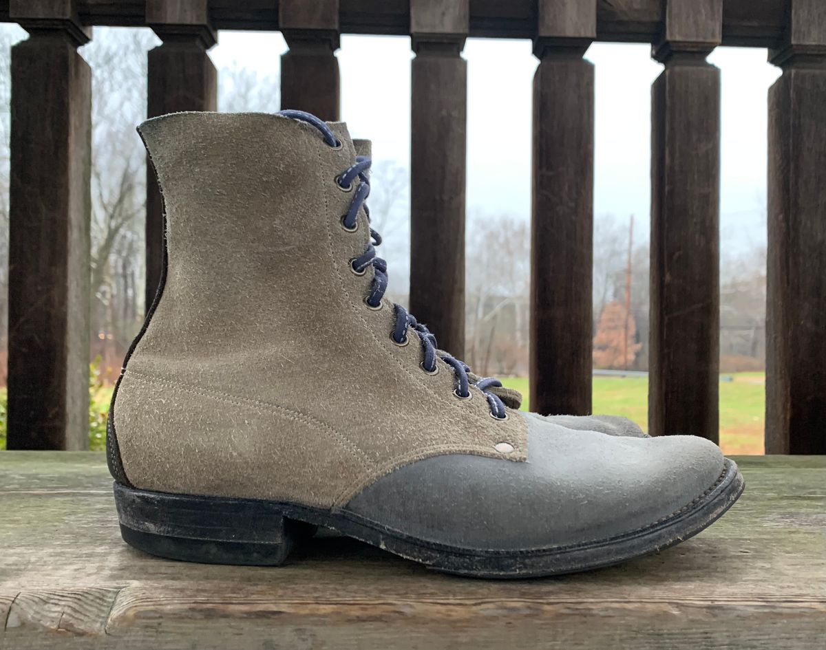 Photo by Emily on December 2, 2025 of the NF Bootmaker Belmont Boot in C.F. Stead Milkshake Desert Oasis Suede & C.F. Stead Flint Kudu & Horween Washed Black Chromexcel & C.F. Stead Storm Suede.