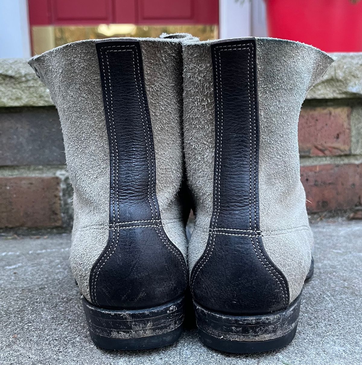 Photo by Emily on December 31, 2025 of the NF Bootmaker Belmont Boot in C.F. Stead Milkshake Desert Oasis Suede & C.F. Stead Flint Kudu & Horween Washed Black Chromexcel & C.F. Stead Storm Suede.