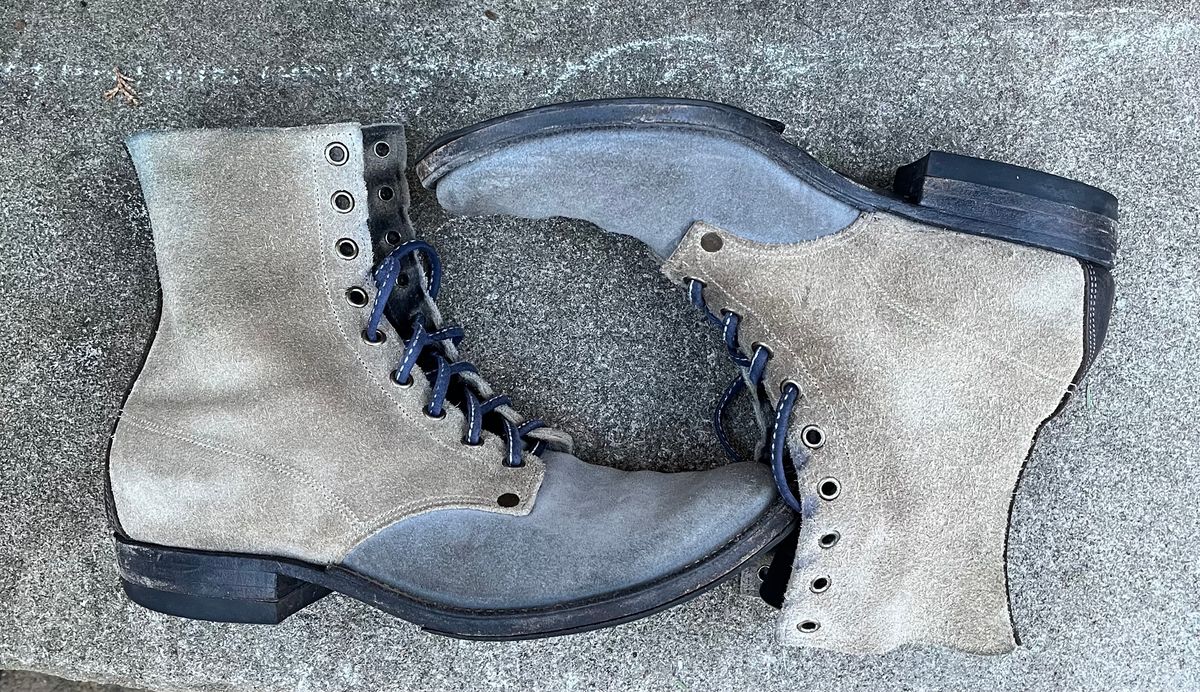 Photo by Emily on December 31, 2025 of the NF Bootmaker Belmont Boot in C.F. Stead Milkshake Desert Oasis Suede & C.F. Stead Flint Kudu & Horween Washed Black Chromexcel & C.F. Stead Storm Suede.