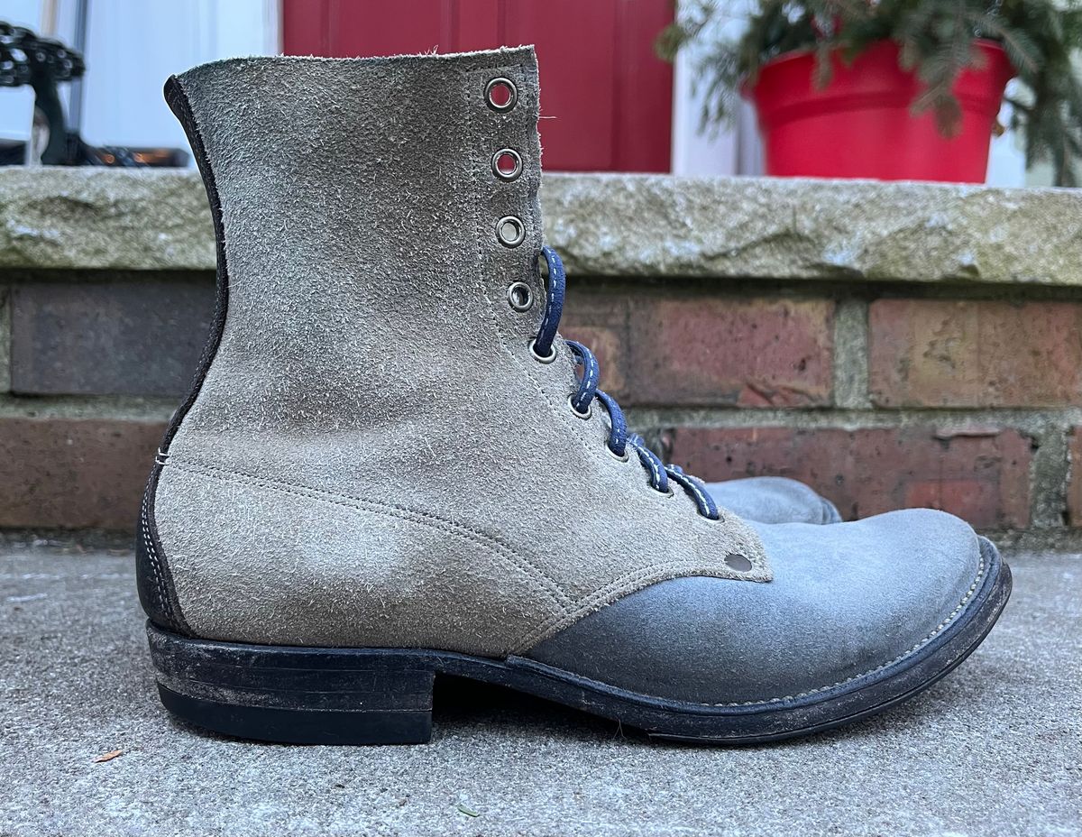 Photo by Emily on December 31, 2025 of the NF Bootmaker Belmont Boot in C.F. Stead Milkshake Desert Oasis Suede & C.F. Stead Flint Kudu & Horween Washed Black Chromexcel & C.F. Stead Storm Suede.