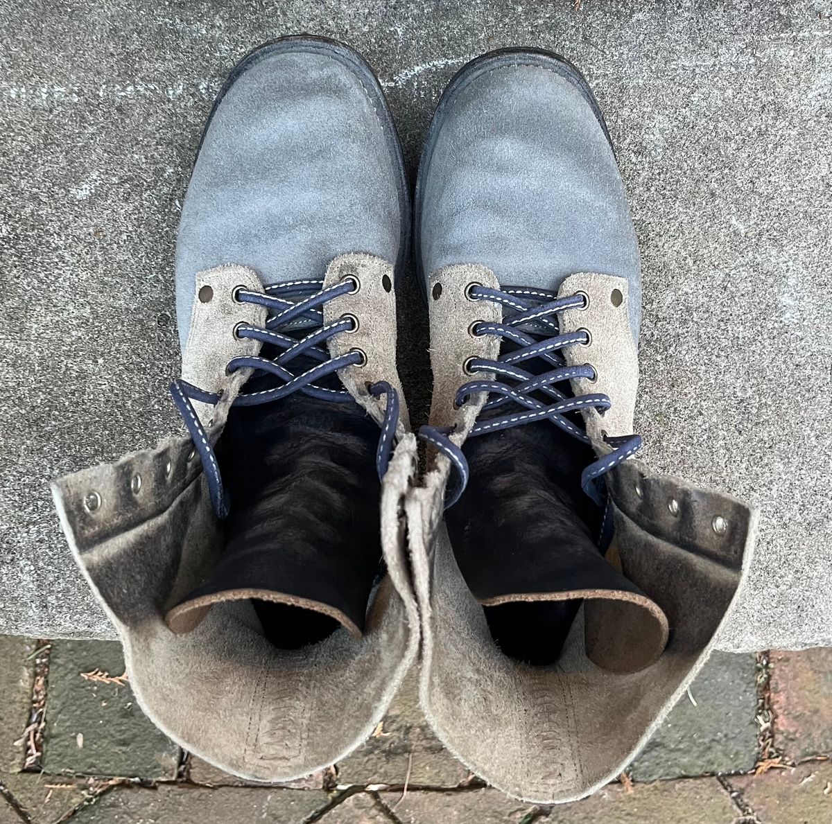 Photo by Emily on December 31, 2025 of the NF Bootmaker Belmont Boot in C.F. Stead Milkshake Desert Oasis Suede & C.F. Stead Flint Kudu & Horween Washed Black Chromexcel & C.F. Stead Storm Suede.