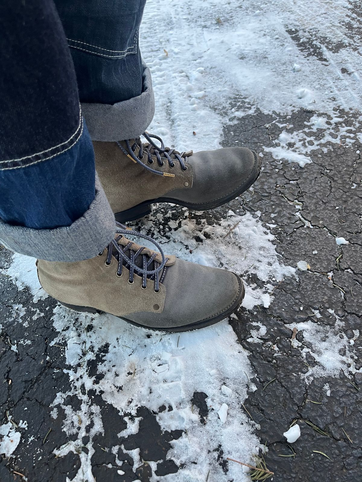 Photo by Emily on January 20, 2026 of the NF Bootmaker Belmont Boot in C.F. Stead Milkshake Desert Oasis Suede & C.F. Stead Flint Kudu & Horween Washed Black Chromexcel & C.F. Stead Storm Suede.