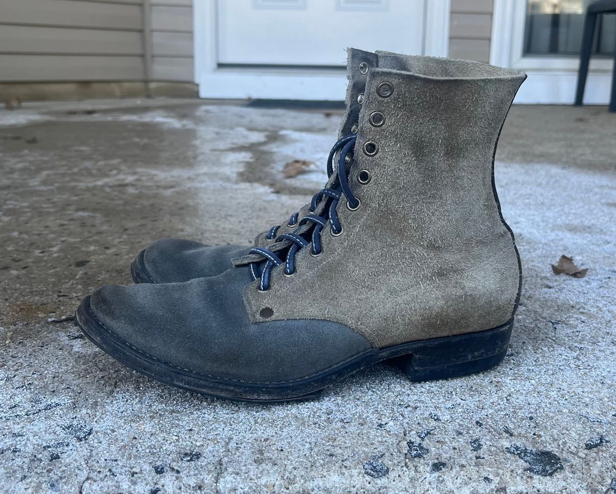 Photo by Emily on February 1, 2026 of the NF Bootmaker Belmont Boot in C.F. Stead Milkshake Desert Oasis Suede & C.F. Stead Flint Kudu & Horween Washed Black Chromexcel & C.F. Stead Storm Suede.