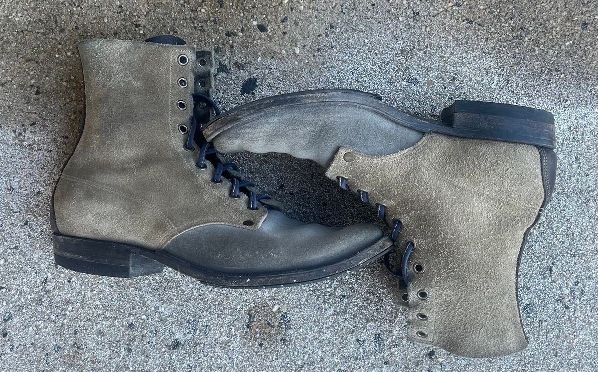 Photo by Emily on February 1, 2026 of the NF Bootmaker Belmont Boot in C.F. Stead Milkshake Desert Oasis Suede & C.F. Stead Flint Kudu & Horween Washed Black Chromexcel & C.F. Stead Storm Suede.
