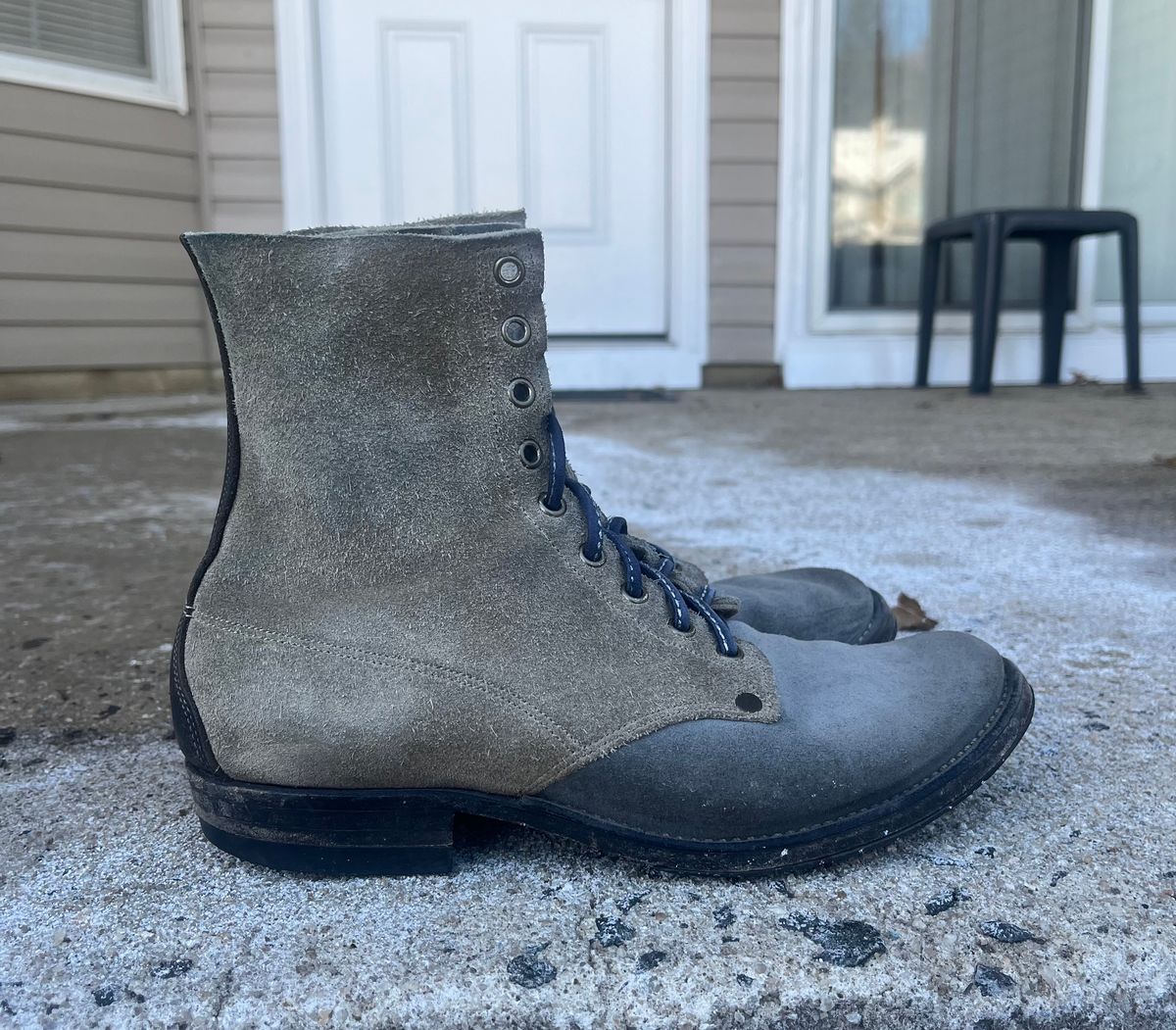 Photo by Emily on February 1, 2026 of the NF Bootmaker Belmont Boot in C.F. Stead Milkshake Desert Oasis Suede & C.F. Stead Flint Kudu & Horween Washed Black Chromexcel & C.F. Stead Storm Suede.