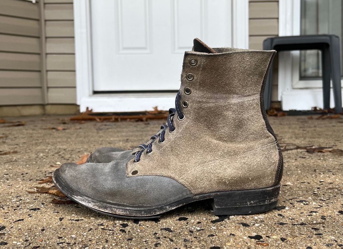 Photo by Emily on March 4, 2026 of the NF Bootmaker Belmont Boot in C.F. Stead Milkshake Desert Oasis Suede & C.F. Stead Flint Kudu & Horween Washed Black Chromexcel & C.F. Stead Storm Suede.