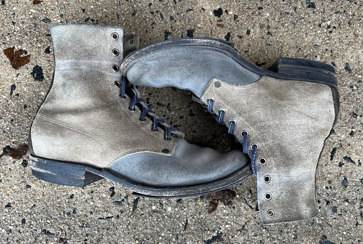 Photo by Emily on March 4, 2026 of the NF Bootmaker Belmont Boot in C.F. Stead Milkshake Desert Oasis Suede & C.F. Stead Flint Kudu & Horween Washed Black Chromexcel & C.F. Stead Storm Suede.